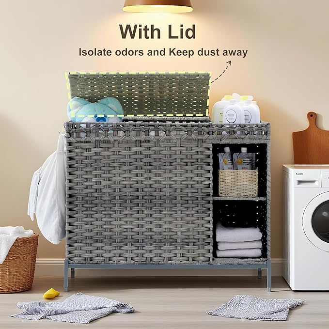 Laundry Hamper with Lid, 130L (34.4 Gal) Rattan Laundry Hamper 3 Section with 50L(13.2 Gal) Storage Shelf, Wicker Woven Laundry Sorter Basket with 4 Liner Bags and Handles, Natural GLH003N