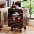 Fluted Night Stand Nightstand with Drawer Storage Grille Bed Side Table End Table Large Modern Wide Bedside Stand Tall Night Stands for Bedroom Living Room Sofa Couch Home Office, Dark Walnut