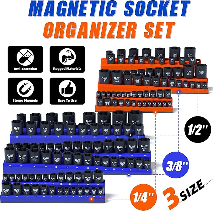 KJE Magnetic Socket Organizer Set 6 Piece, Magnetic Socket Holder Includes 1/4", 3/8", 1/2", Holds 143 Pieces Metric and SAE Socket Trays for Tool Box Drawer