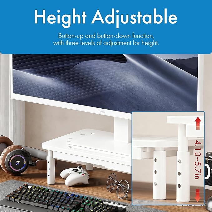 Monitor Stand Riser with Drawer - Adjustable Height (10.5-14.5cm) 3 Gears, Carbon Steel Desk Organizer for Computer/Laptop, Ventilated, Multi-Layer Storage for Office Home (White)