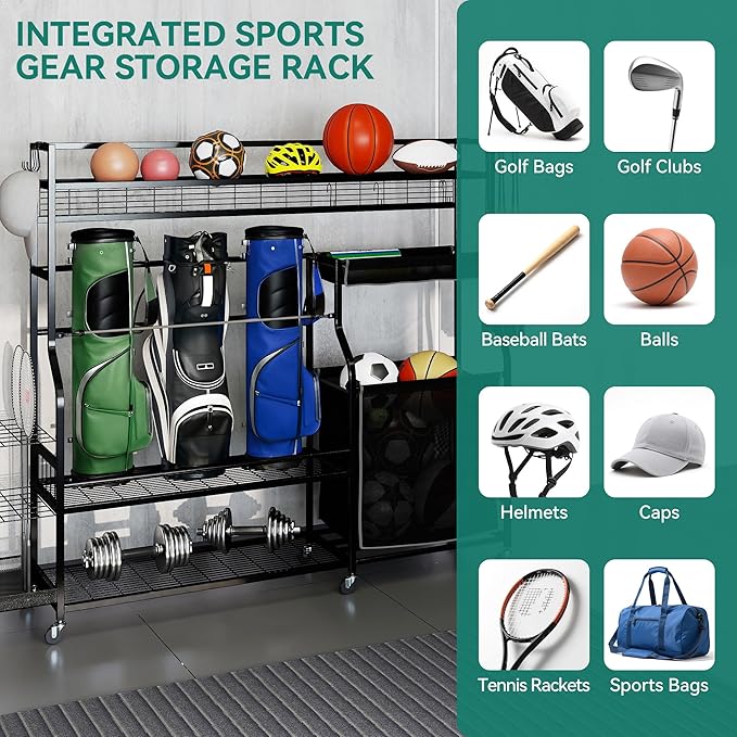 YITAHOME Multi-Functional Sports Organizer for Garage, Golf Gear Storage Rack for 3 Bags and Clubs, Ball Storage Bins with Wheels, Multi-Layer Sports Equipment Rack with Hooks