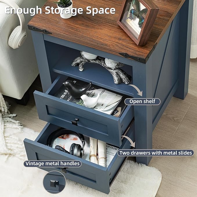 Nightstands Set of 2 with Charging Station, Farmhouse Night Stand with 2 Drawers and Shelf Storage, Wooden Side End Table, Bedside Cabinet for Bedroom, Living Room, Closet,Office (Blue)