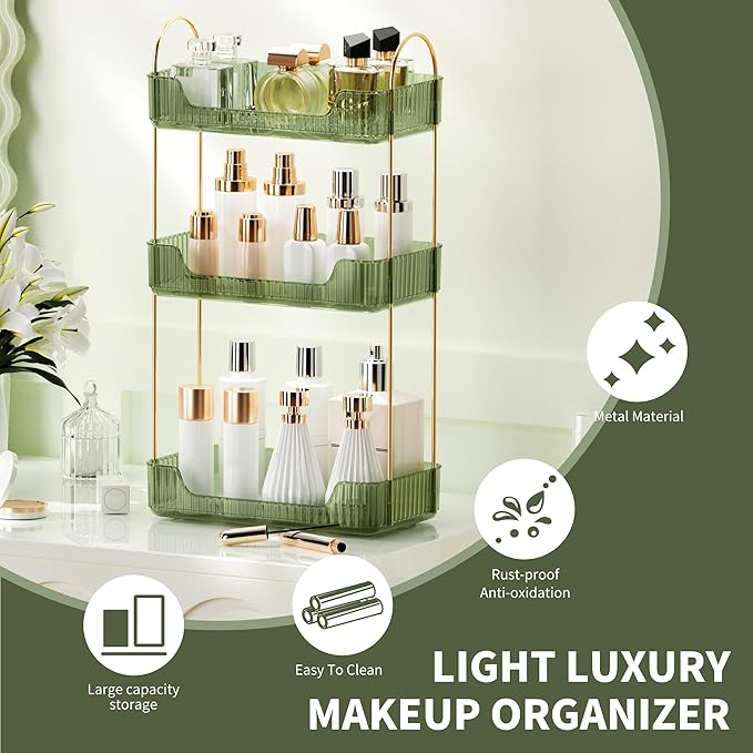 YCIA&DONE Bathroom Organizer Countertop, Makeup Storage, Skincare Cosmetic Tray Shelf, Perfume Holder Rack for Vanity Counter, Large Capacity, Easy to Install, Clean, 3 Tiers, Vintage Green