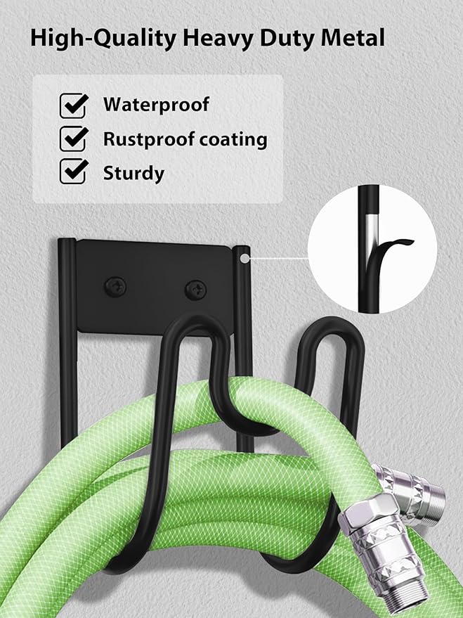 Metal Garden Hose Holder, Wall Mounted Water Hose Hanger, Solid Hose Hook for Garden Garage Water Hose/Extension Cords/Vacuum Lines (Black)