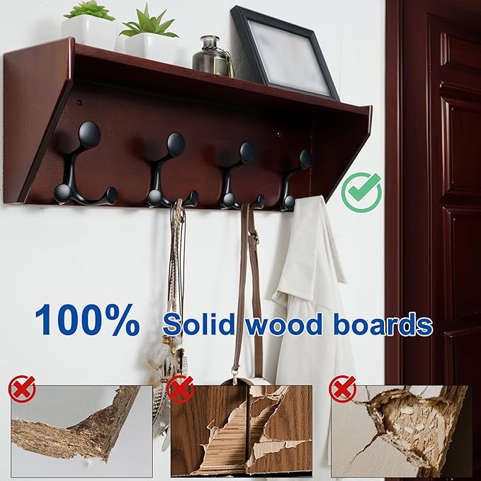 WEBI Wall Shelf with Hooks Underneath,24” Long Wall Mounted Coat Rack with Shelf,Entryway Coat Rack with 4 Triple Hooks for Hanging Coats,Jacket,Hallway,Bedroom,Mudroom,Cherry