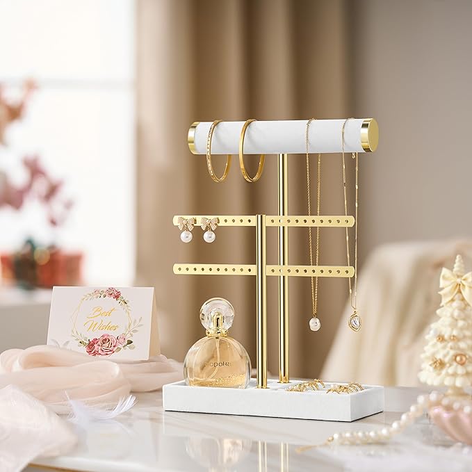 2 Tier Bracelet Holder Display - Detachable T Bar White Velvet Bracelet Holder, Jewelry Holder Organizer for Bracelet, Necklace, Earrings, Rings