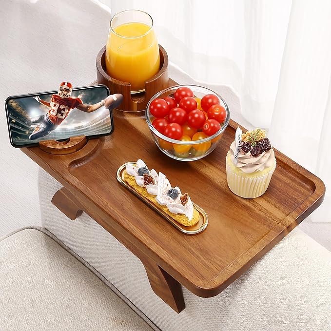 Couch Armrest Table Acacia with 360°Rotating Phone & Cup Holders,15.4" x 9.8", 3-in-1 Sofa Arm Tray Clip-On Couch Tray for Drinks & Snacks