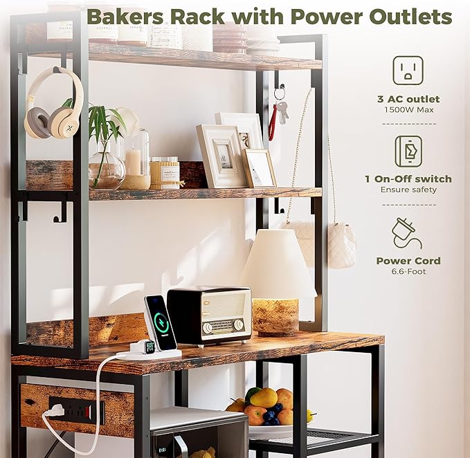 IRONCK Bakers Rack with Cabinet, Kitchen Bakers Rack with Power Outlets, Microwave Stand with Storage, Coffee Bar with 8 Metal Hooks