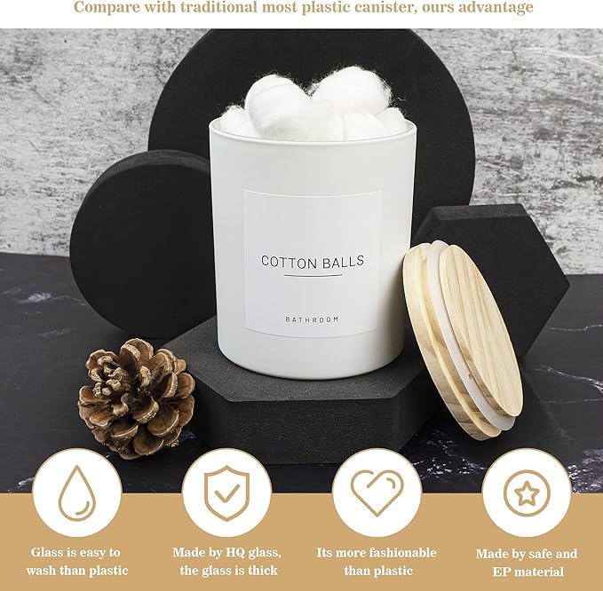 3PCS Farmhouse 13.53oz White Bathroom Canisters with 12 Labels & Wooden Lid Thick Glass Jar Set Qtip Holder for Cotton Ball & Pads Storage Organization Minimalist Decor