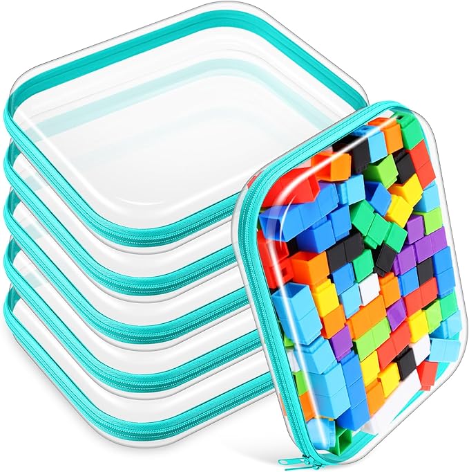 Sanwuta 6 Pcs Clear Hard Zipper Case Hard Plastic Zipper Pouches Transparent Makeup Bag Pencil Pouches for Travel Snacks Christmas Trinket Storage Organizer Box(Teal,9.84 x 7.87 x 2 Inch)