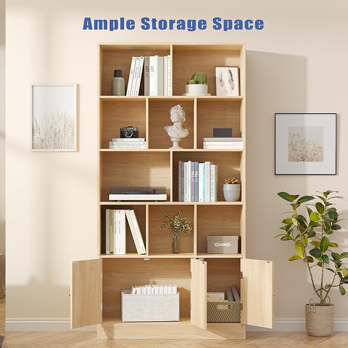 71" Tall Bookshelf with 10 Cubes and 3 Doors, 4-Tier Bookshelf, Open Shelf Bookcase with Cabinet, Modern Cube Storage Organizer for Living Room, and Office, Natural Wood Color