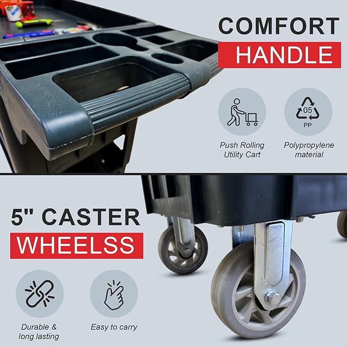 600 lbs Heavy Duty Rolling Utility Service Cart with Wheels, 3-Tier HDPE Deep Shelves, 5" Caster Wheels for Warehouse/Garage/Restaurants/Offices (SC3500)