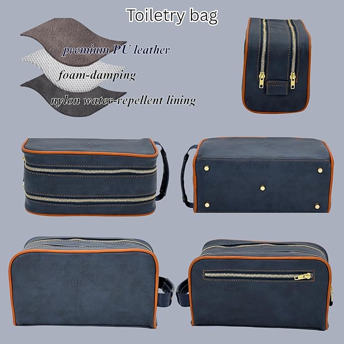 Dopp Gift Large Travel Toiletry Bag Premium Quality PU Leather Two compartments YKK Zippers Water-resistant Bottom Studs Mesh Pockets Durable Cosmetic Organizer NAVY BLUE/ORANGE