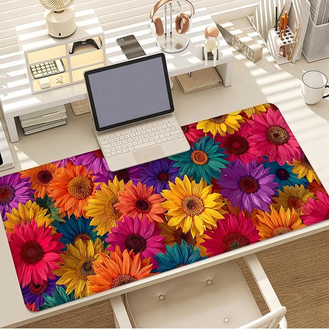 Colorful Floral Mouse Pad – Large Extended Desk Mat 35.43 x 15.75 in – Bright Rainbow Sunflower Design, Non-Slip Rubber Base, Waterproof Surface, Oversized Keyboard & Mouse Pad for Office or Gaming