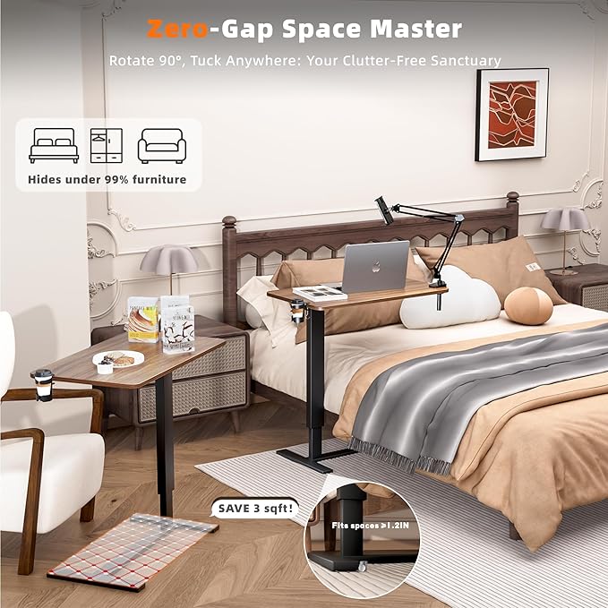 Overbed Bedside Table with Wheels, Adjustable Hospital Bedside Desk, Rolling Laptop Table, Mobile Standing Desk, Laptop with Cup Holder & Phone/Tablet