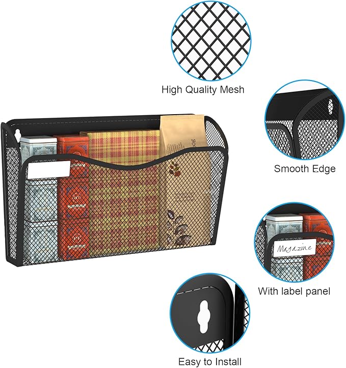 Wall File Organizer, Mesh Hanging File Organizer, Home Office Organization and Storage, 6 Single Pockets Document Magazine Rack