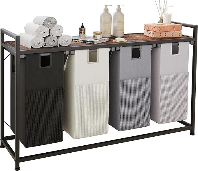 Laundry Basket Four Laundry Hamper with Removable Bags, Fabric Handles, Large Top Shelf and Laundry Bag for Bathroom, Dorm, Laundry Room