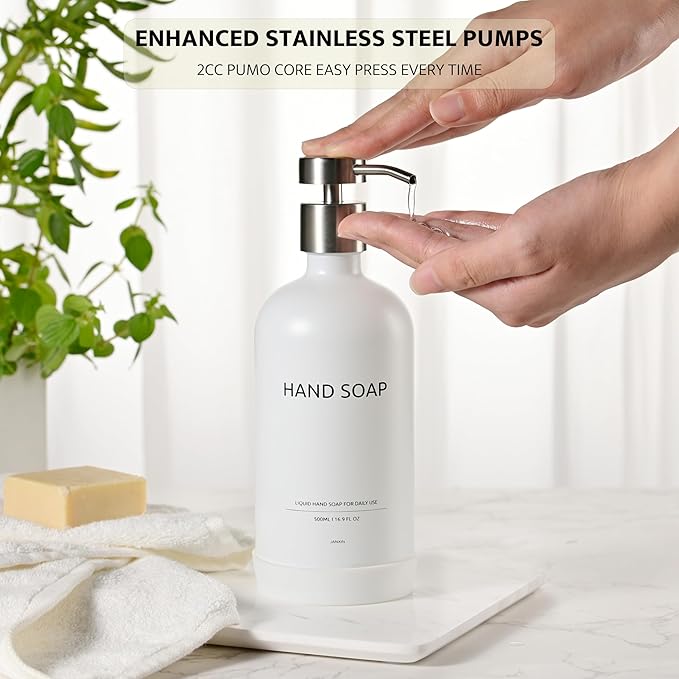 Glass Kitchen Soap Dispenser Set with Ceramic Tray,16.9 floz Hand and Dish Soap Dispenser for Kitchen and Bathroom Decor (White Bottles + Silver Pumps)