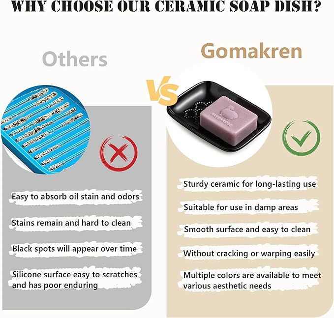 Gomakren Soap Dish for Shower, Ceramic Soap Dishes for Bar Soap Sponge, Christmas Shower Soap Holder Saver Tray for Bathroom Kitchen Sink, Easy to Clean, Black