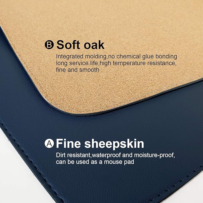 DAWNTREES Dual Sided Desk Mat,Blue Leather Desk Pad,47.2''x23.6'',Cork Desk Mat Protector,120x60cm Extra Large Mouse Pad,with PU Leather Valet Tray Organizer,Desk Writing Pad for Office and Home