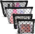 4 PCS Heart Printed Mesh Makeup Bag Set, White & Black Mesh Makeup Bag with Zipper Lipstick Accessories Organizer Mini Travel Organizer Bags for Women(2 Small 2 Medium)