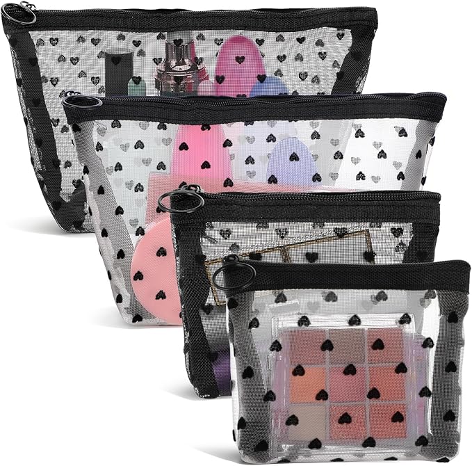 4 PCS Heart Printed Mesh Makeup Bag Set, White & Black Mesh Makeup Bag with Zipper Lipstick Accessories Organizer Mini Travel Organizer Bags for Women(2 Small 2 Medium)