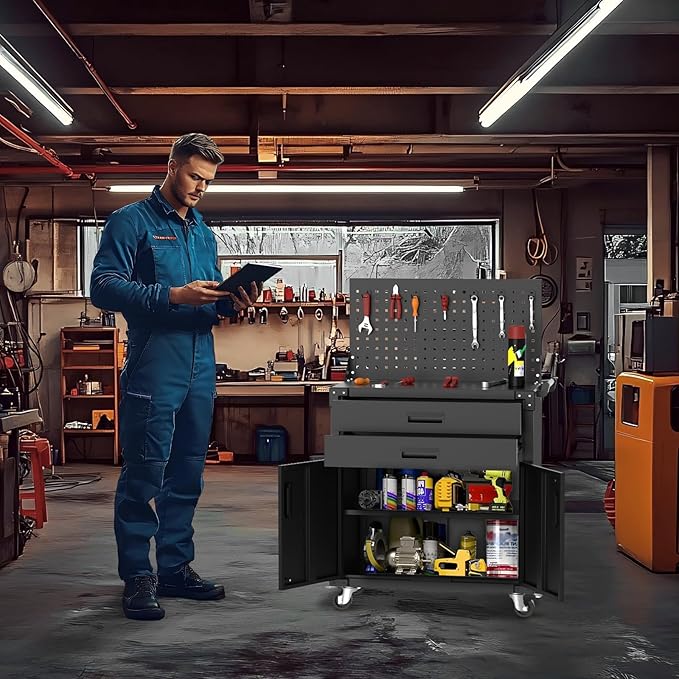 35” Heavy-Duty Rolling Tool Cabinet with Deep Drawers, Locking Casters & Pegboard | Industrial Steel Storage Organizer, Adjustable Shelves, Mobile Workbench for Garage, Workshop, Warehouse