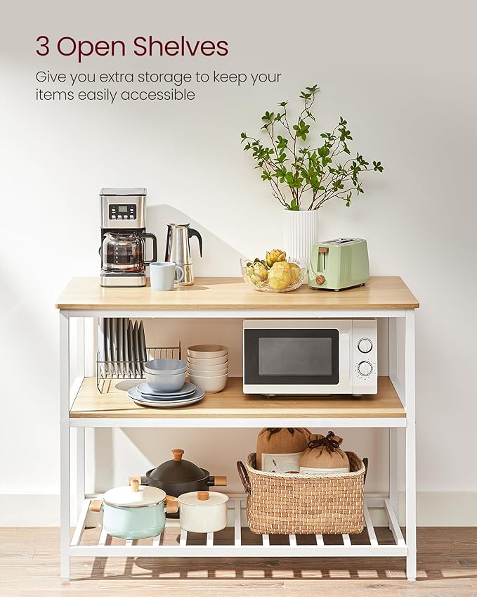 VASAGLE Kitchen Island with 3 Shelves, 47.2 Inches Width Kitchen Shelf with Large Worktop, Stable Steel Structure, Industrial, Easy to Assemble, Oak Color and White UKKI001W09
