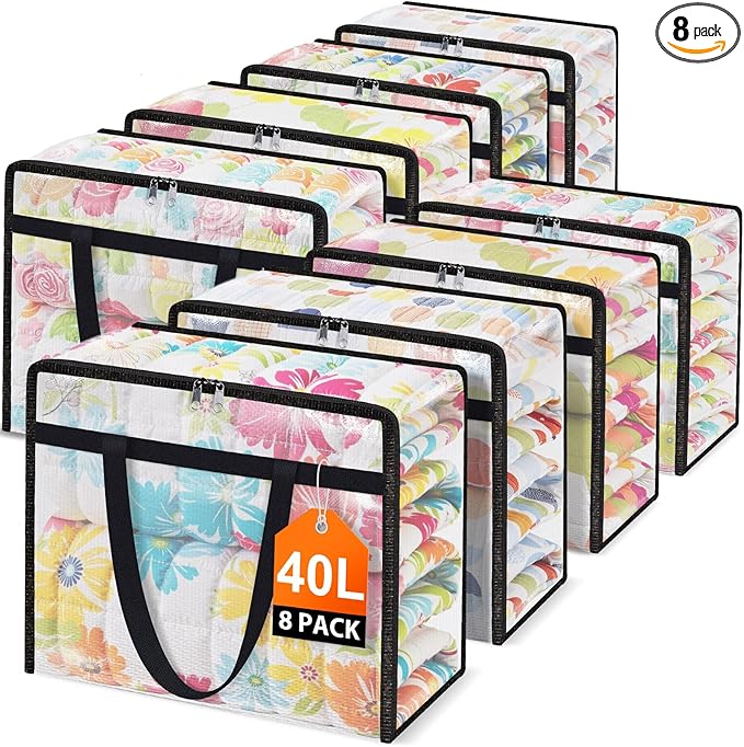 Clear Under Bed Storage Containers - 8 Pack Large Capacity Clothes Storage Bags with Lid & Sturdy Handles, Foldable Moving Bags, Clothing Organizer Totes for Bedding, Comforter, Sheet（40 L）