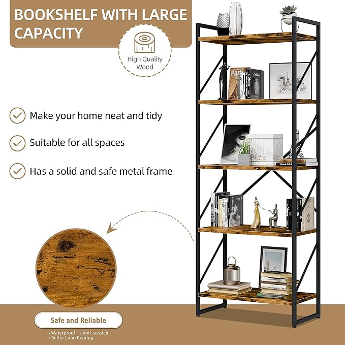 Vongrasig 5 Tier Bookshelf, Modern Tall Bookcase, Industrial Book Shelves Display Standing Shelf, Free Standing Storage Organizer for Bedroom, Living Room, Rustic Brown