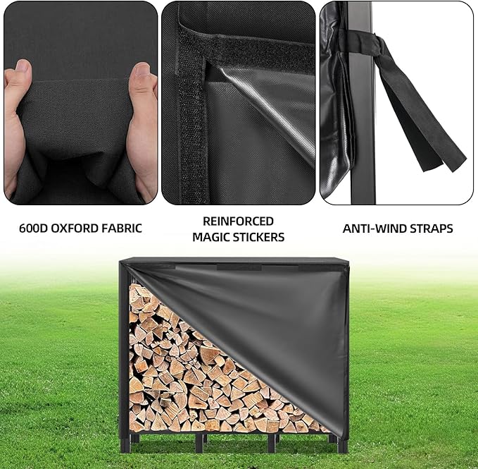 4FT Firewood Rack Outdoor with Cover, Heavy Duty Adjustable Firewood log Storage & Holder, Wood Pile Lumber Storage Rack Stacking Outside for Courtyard Patio.
