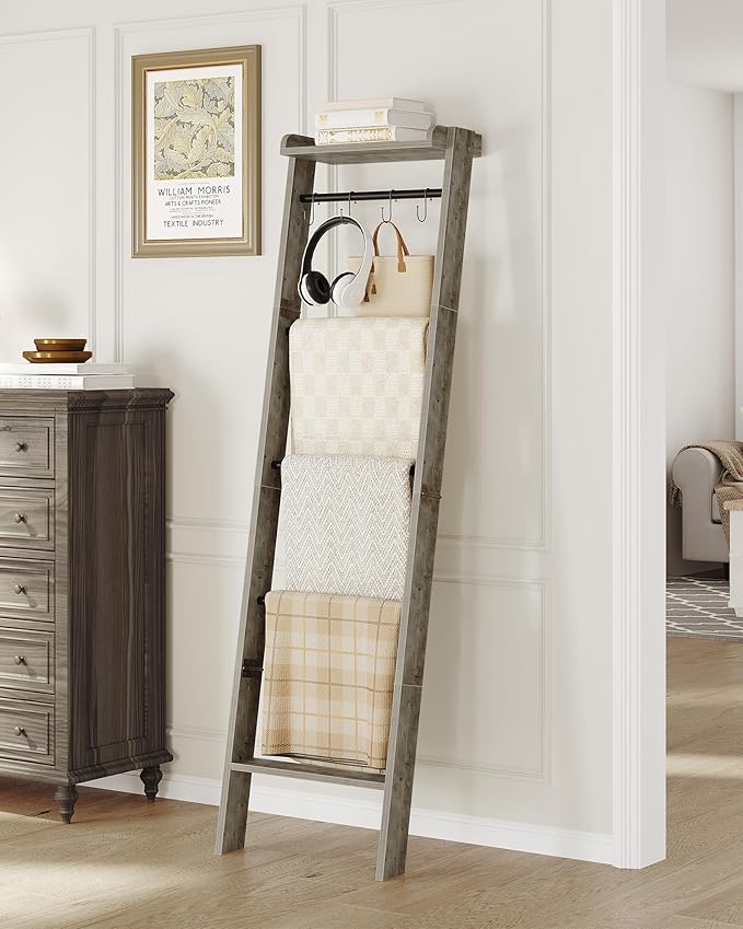 Blanket Ladder Shelf, Decorative Quilt Rack,6-Tier Farmhouse Ladder Holder Organizer with 4 Removable Hooks, Greige BR35805B