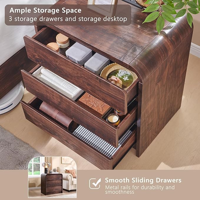 25" Tall Modern Nightstand with Charging Station, 23.6'' Wide Wood Bedside Table w/3 Storage Drawers, Small Dresser w/Curved Profile Design, End Table for Bedroom, Brown