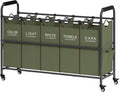 Tajsoon 5 Sections Laundry Sorter, Laundry Hamper with Heavy Duty Lockable Wheels and Removable Bags, 5 Bag Laundry Sorter Cart for Dirty Clothes Storage, Green