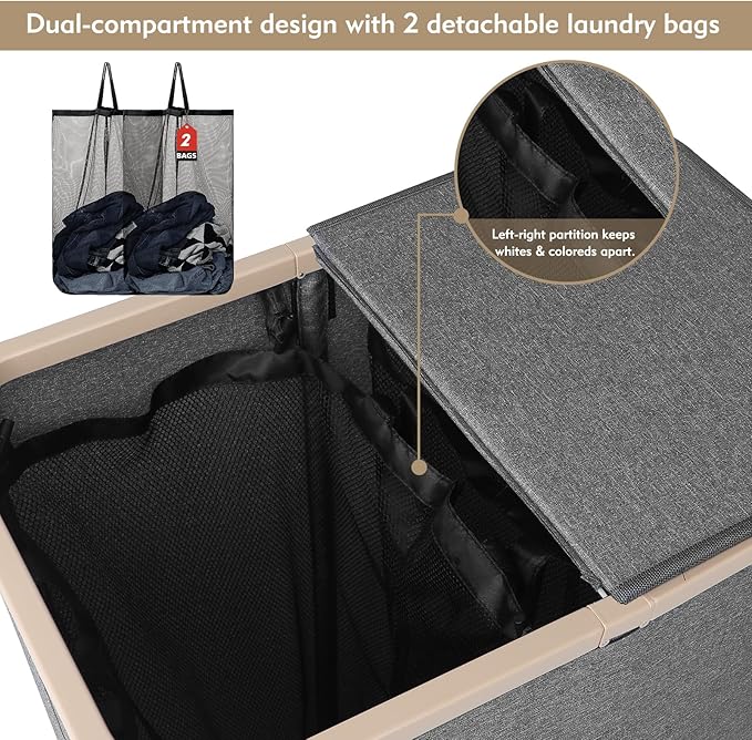 DOKEHOM 160L Double Laundry Basket with Removable Lid and Laundry Bags, Large Collapsible Laundry Hamper with 2 Sections (Grey)