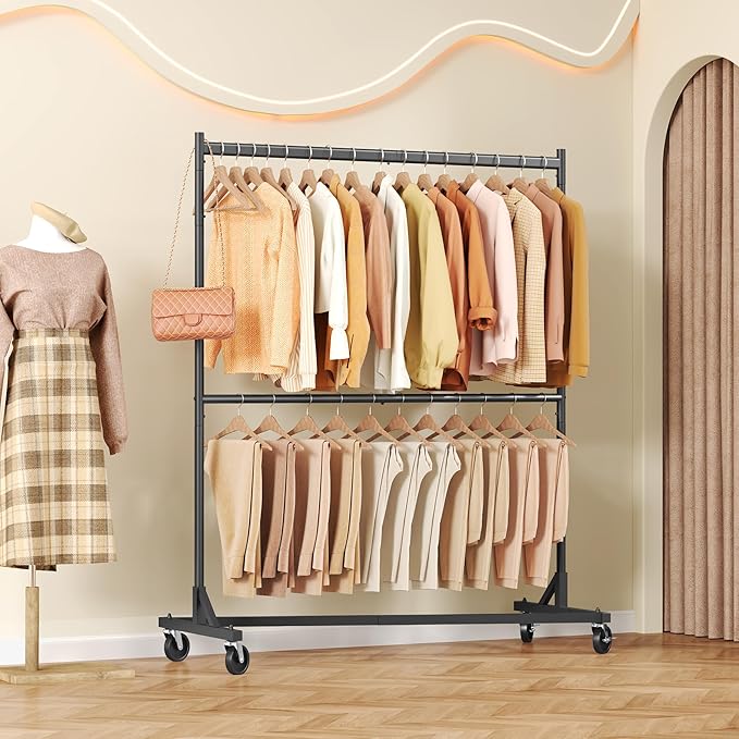 Hoctieon Double Rod Z Rack, Rolling Clothes Racks with Z-Base, Adjustable Clothing Rack, Standing Clothes Rack, Metal Clothing Racks for Hanging Clothes, Portable Garment Rack, Black
