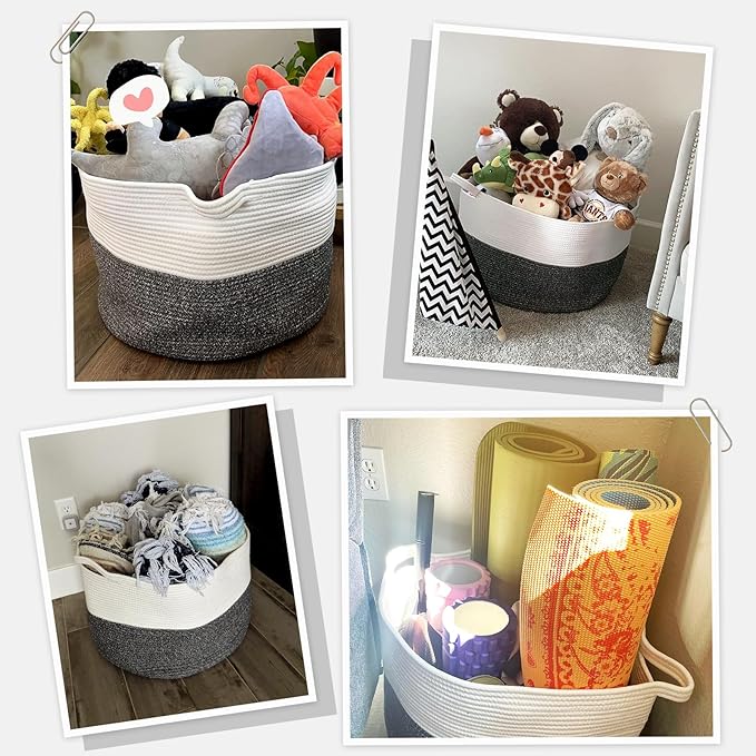 INDRESSME XXXLarge Cotton Rope Basket 21.7" x 21.7" x 13.8" Woven Baby Laundry Baskets Blanket Basket Toy Baskets with Handle Storage Comforter Cushions Gray Laundry Hamper