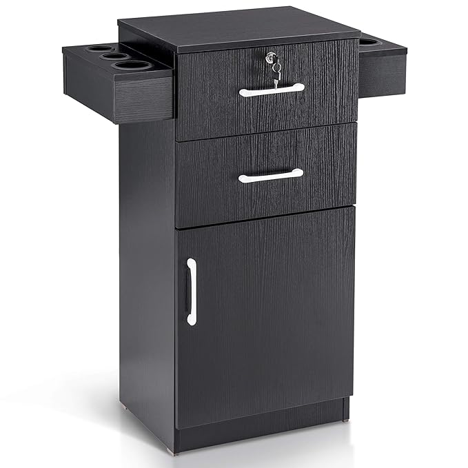 BarberPub 38"x18"x14" Locking Beauty Salon Storage Cabinet, Barber Styling Station with Nylon Hair Dryer Holder, Barber Shop Stylist Equipment with Drawers 2021 (Black)