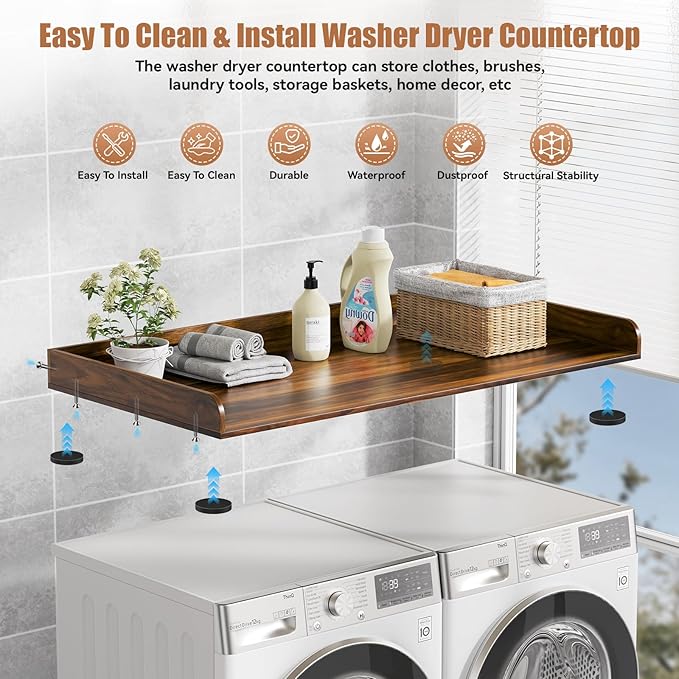 Washer Dryer Countertop, 27.5" D x 54" W Washer and Dryer Topper Covers with Edge Rails, Wood Laundry Room Countertop Shelves for Laundry Room Organization and Storage (Brown)