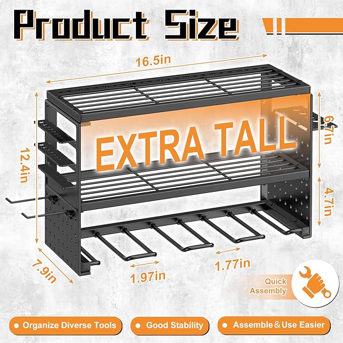 Power Tool Organizer Wall Mount, 150Lbs Load 3 Layer Heavy Duty Metal Tool Shelf with 4 Drill Holders, Garage Workshop Storage for Cordless Tools Batteries Screwdrivers(Black A)