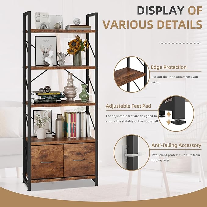 Vongrasig 5 Tier Bookshelf with 2 Drawers, Industrial Tall Bookcase, Modern Display Bookshelves Wood and Metal Shelf, Free Standing Storage Organizer for Office, Living Room, Brown