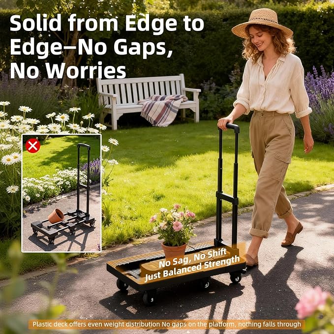 Dolly Cart with Wheels 440lbs, Folding Hand Truck with 6 TPE Wheels (2 with Brakes) & 21 in Extendable Full Platform, Foldable Cart with 2 Elastic Straps for Easy Moving, Travel, and Storage, Black