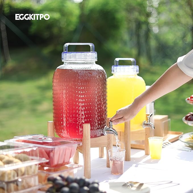 EGGKITPO 1.5 Gallon Drink Dispensers with Spigot and Elegant Stand for Parties Polycarbonate Lemonade Dispenser with Wood Stand Blue Cover Iced Beverage Dispenser for Water Punch Juice BPA FREE