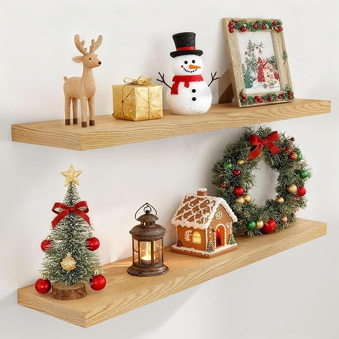 48 Inch Floating Shelves, 9.3 Inch Deep Floating Shelf for Wall, Rustic Wood Wall Shelves 48 x 9.3 x 1.5, Large Bathroom Shelf 48 Inch Long, Deep Shelves for Kitchen, Living Room, Oak Color, 2 Pack