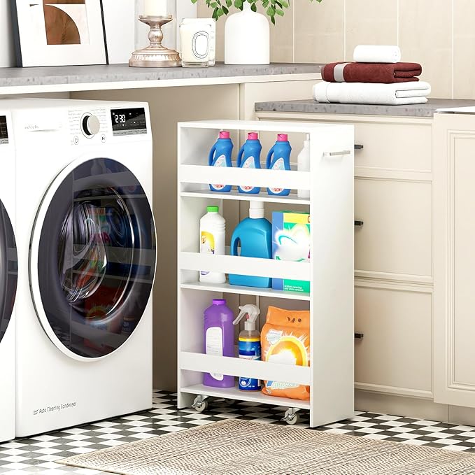 Small Kitchen Cart, 4-Tier Slim Rolling Island w/Handle, Laundry Room Storage Organizers Between Washer and Dryer, Narrow Spice Rack on Wheels Next to Fridge (White, 8'')