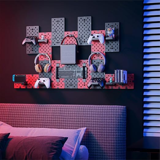 PEGZONE Controller and Headphone Holder Wall Mount, Modular Gaming Pegboard with Accessories, Controller Stand for Xbox PS5 PS4 Switch, Video Game Storage, Disc Shelf, 14pcs Pegboard, Black & Red