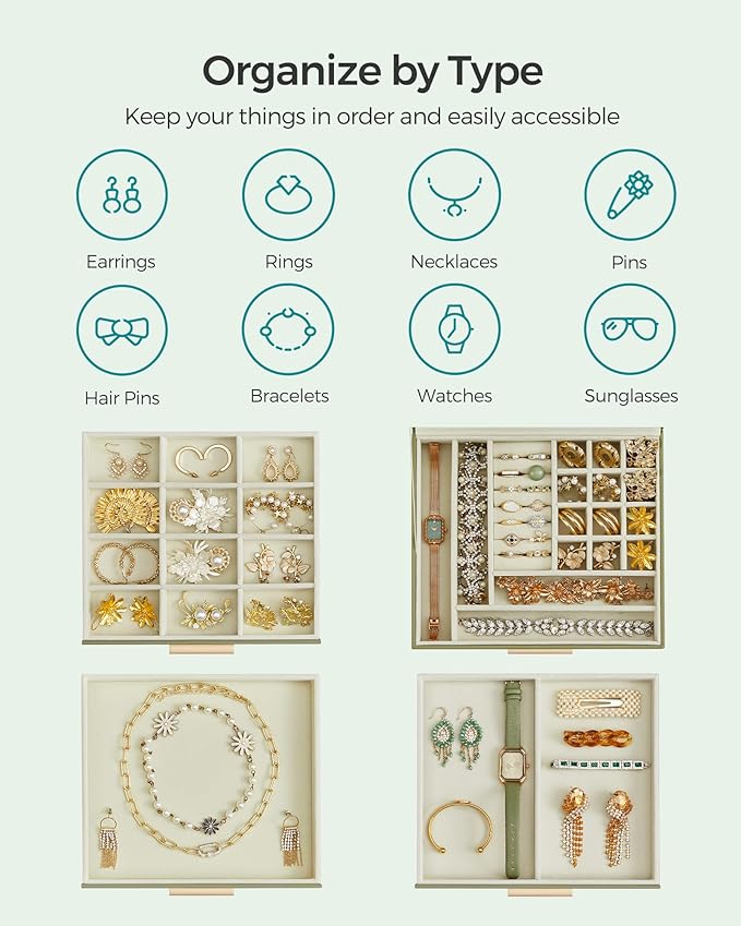 SONGMICS Jewelry Box Organizer with Glass Lid, 4-Layer Jewelry Storage, with 3 Drawers, Modern Style, Christmas Gift, 8 x 9.1 x 6.5 Inches, Avocado Green and Gold Color UJBC173C02