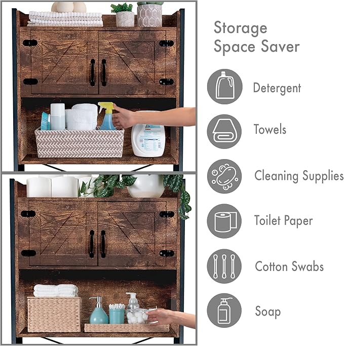 Over The Washer or Over The Toilet Storage Cabinet w/Height Adjustable Shelf Laundry Room/Bathroom Organizer Rack, 2-Door Freestanding Rack Space Saver, Wood