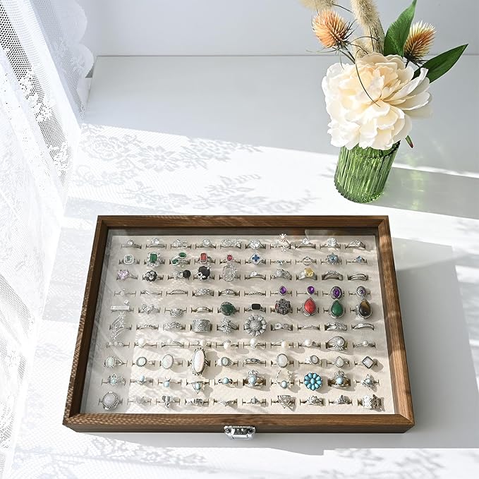 MOOCA 100 Ring Box Jewelry Display Tray, Display Case Accessories Storage Box with Tempered Glass Hinge Lid, Beige Lined Jewelry Tray for Rings, Walnut Color, 14.1W x 10.2D x 2.1H in