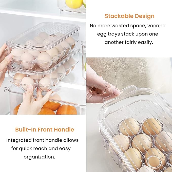 vacane Plastic Egg Holder for Refrigerator,Stackable Egg Holder Clear Tray with Lid,BPA-Free Egg Container Organizer Countertop Kitchen Fridge, Stores 16 Eggs - 2 Pack